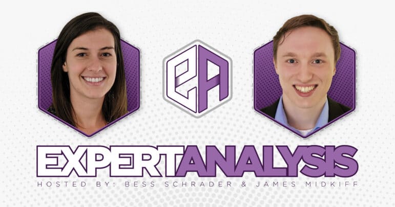 Portraits of Bess Schrader and James Midkiff with the title EXPERTANALYSIS, hosted by Bess Schrader and James Midkiff.